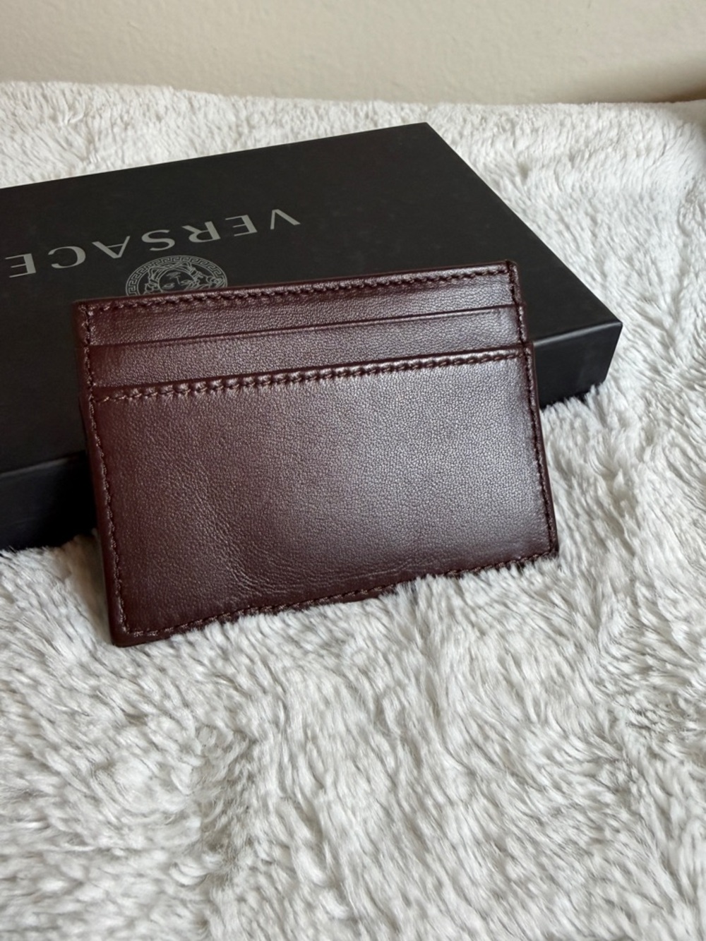 Versace Quilted Card Holder in Burgundy with Gold Medusa Button - Picture 2 of 3